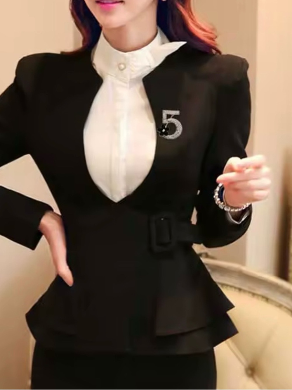 Crystal Number 5 Brooch with Black Flower Accent - Picture 2 of 3